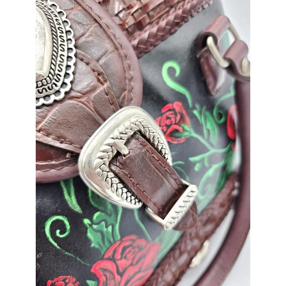 Vintage Black Brown Roses Handpainted Satchel Bag  Upcrafted Braided Woven Heart